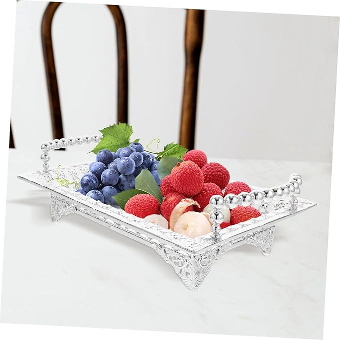 Nordic Style Metal Fruit Plate with Handle Mirrored Snack Tray for Fruits and Appetizers Silver Color Decorative Serving Tray for Residential and Commercial Use