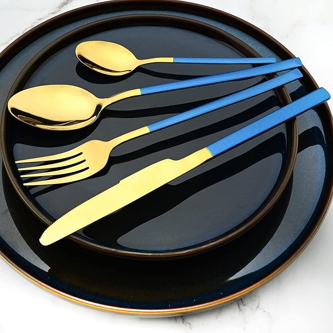 24-Piece Flatware Set, 18/0 Stainless Steel Knife Fork Spoon Teaspoon Silverware Set, Service for 6, Blue slender handle Gold
