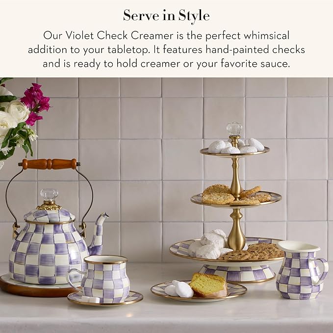 MACKENZIE-CHILDS Enamel Creamer, Creamer Dispenser with Pour Spout, 14-Ounce Capacity, Purple-and-White Violet Check