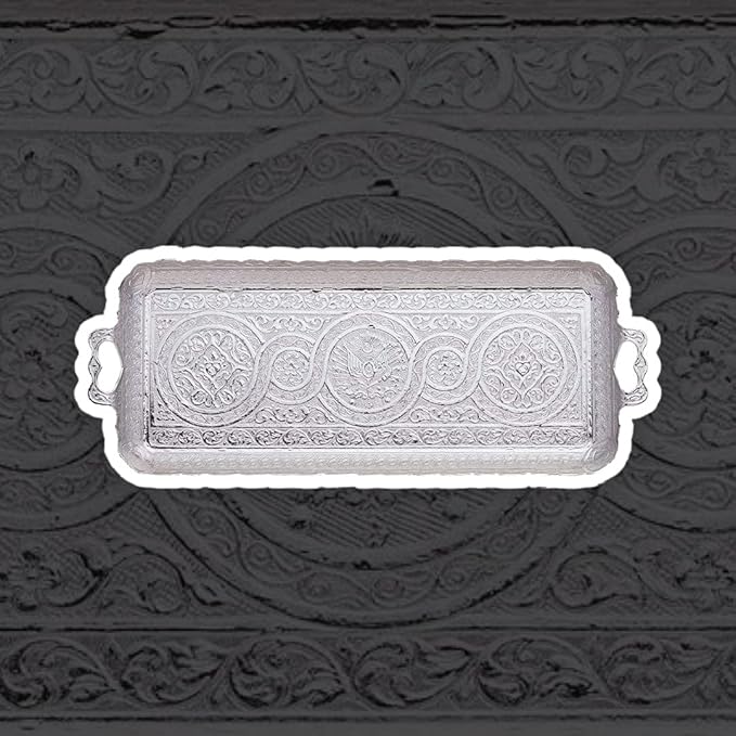 Alisveristime Turkish Ottoman Coffee Tea Beverage Serving Rectangle Tray (Small Tray) (13 INC*5.5 INC) (Silver)