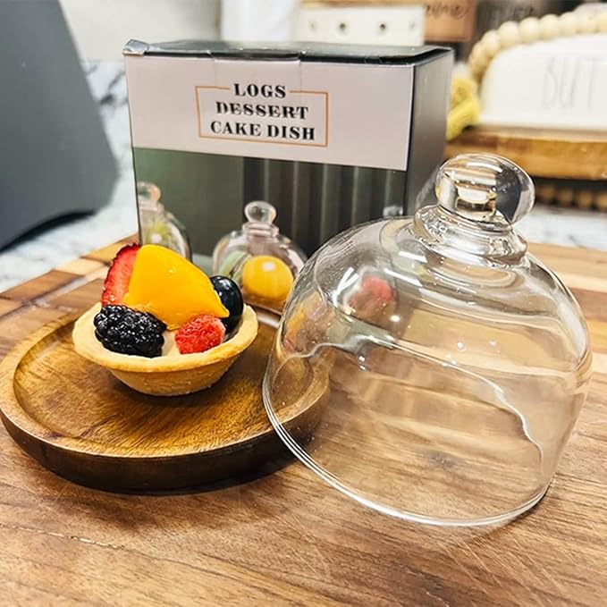 2 Pack Ultra Mini Wooden Base Cake Display Stand with Glass Dome,Cloche Clear Glass Bell Jar Cover for Dessert Cheese Candy Plants Succulents (4.1 x 3.7 inch)