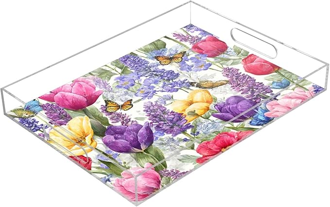 Serving Tray with Handles Clear Acrylic Tray 12x16 Inch Decorative Rectangular Tray Organizer for Ottoman Coffee Table Bathroom Tulips Lavenders Purple Butterfly