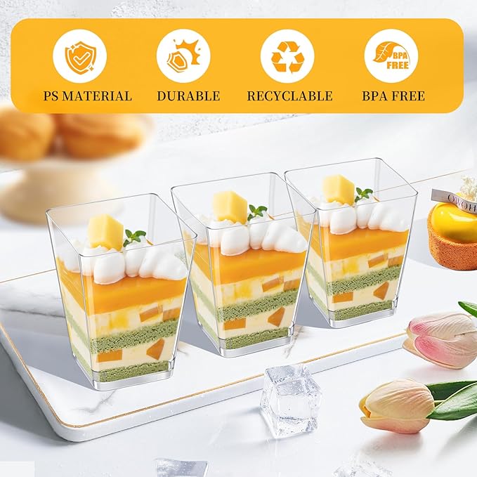 tchrules 300 Packs 5oz Dessert Cups with Spoons, 3 Styles Mini Plastic Appetizer Cups, Clear Parfait Cup for Party, Cake Cups for Tiramisu, Pudding, Snacks, Yogurt, Fruits