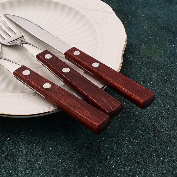 Silver Flatware Cutlery Set with Red Wood Handle, 18/8 (304) Stainless Steel Silverware Set, Include Forks Spoons and Knives, Mirror Poolished, 16-Piece (4 sets)