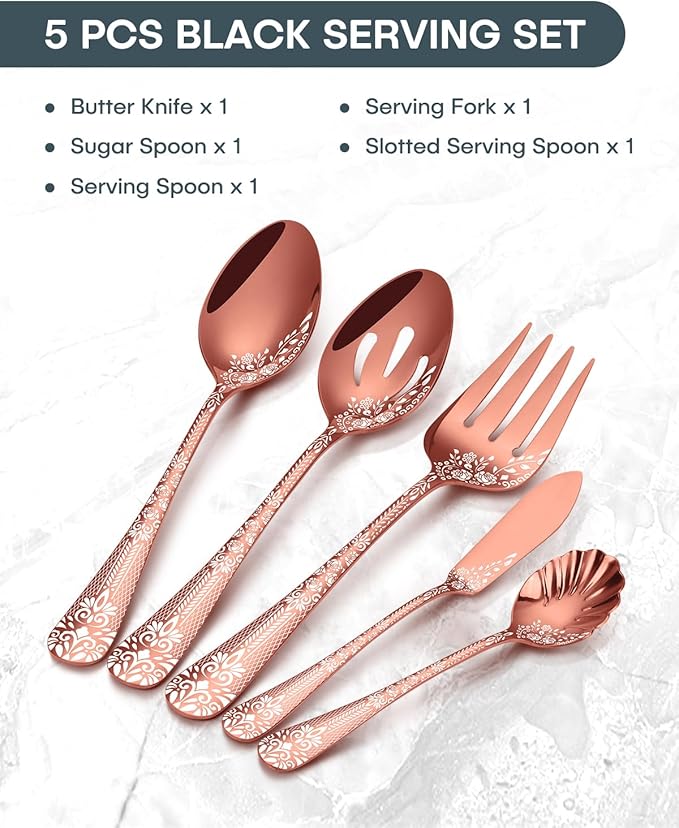 EUIRIO Stainless Steel Copper Serving Utensils Large Serving Spoon Set Serving Fork Slotted Spoon Buffer Knife and Sugar Spoon Kitchen Party Supply (Rose Gold,5 Pieces)