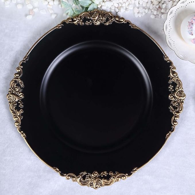 13" Charger Plates -Set of 12 - Acrylic Black Round Baroque Disposable Chargers Leaf Embossed Rim, Ideal for Dinner Party Wedding Bulk Events