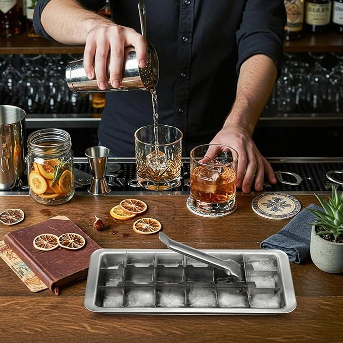 Stainless Steel Ice Cube Trays with Tweezers, Easy-Release Lever Handle, Durable Metal Ice Cube Trays for Freezer, Ideal for Whiskey, Cocktails & Drinks (2 Pack)