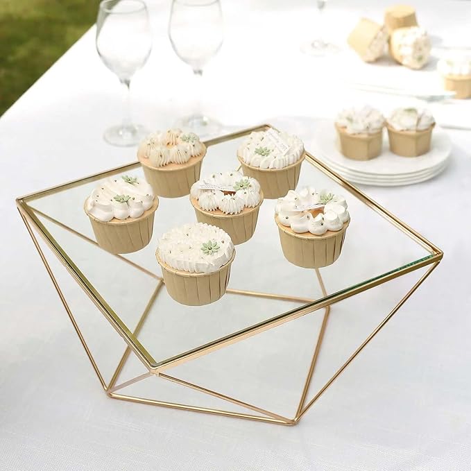 Efavormart 12" Gold Metal Geometric Cake Stand Gold Cake Riser with Glass Top Glossy Metallic Finish for Dessert Cupcake Pastry Candy Display Plate Event, Birthday Party