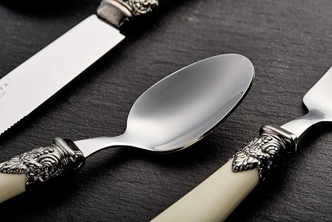 Annova Flatware 24 Pieces Set/Stainless Steel Vintage Silverware/Cutlery Set, Ivory Color, Dinner Knife/Dinner Fork/Dinner Spoon/Dessert Spoon, Mirror Polished, Service for 6 - Cream/Ivory Vintage