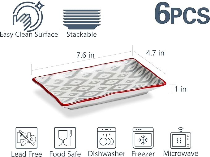 ONEMORE Appetizer Plates Set of 6-7.5 inch Small Serving Platters, Ceramic Rectangular Plates for Sushi Salad Dessert - Microwavable Oven & Dishwasher Safe, Scratch Resistant- Assorted Colors