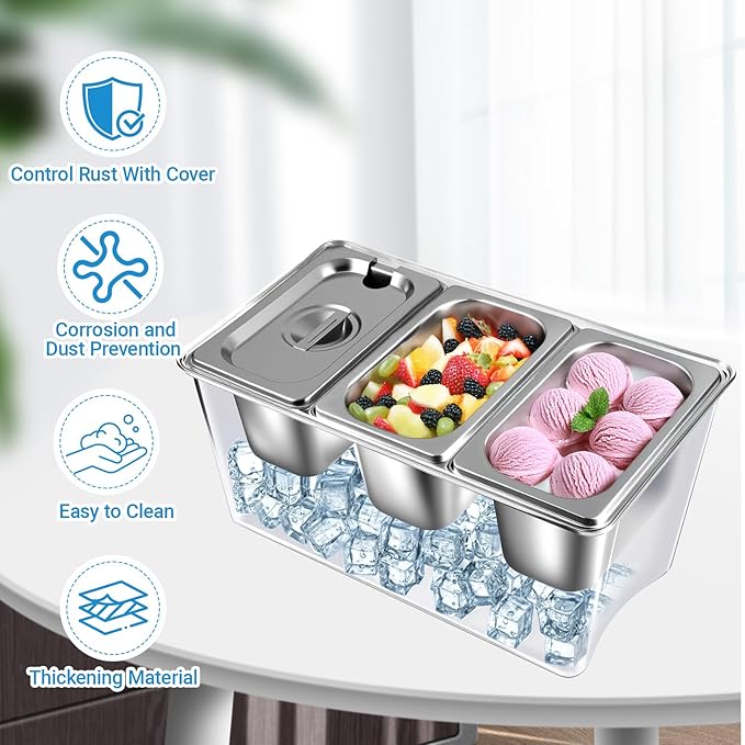 3 Compartments Ice Chilled Condiment Caddy, 30.5 oz Salad Bar Containers Stainless Steel Serving Dish with Lids for Bar, Hummus, Fruit, Salad, Ice Cream Topping, Sauces, Party Supply