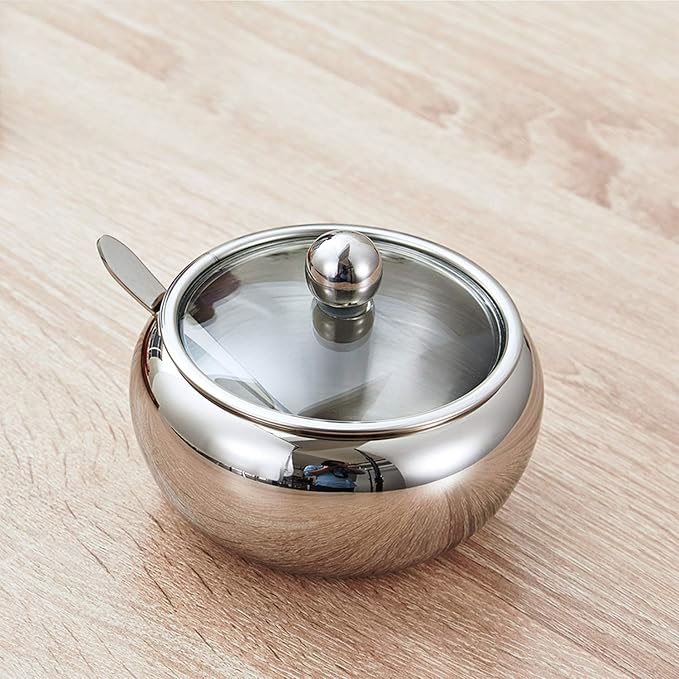 Stainless Steel Sugar Bowl with Clear Lid and Spoon, Polishing Process, Easy to Clean- 530ml/ 18 Oz