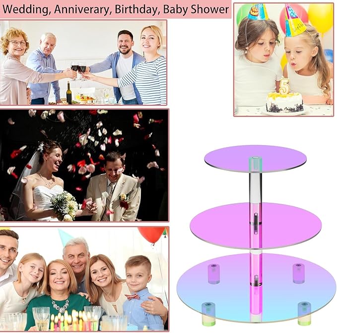 Acrylic Cupcake Stand, 3 Tier Round, Clear Dessert Tower Holder Display with Base for Baby Shower, Birthday Party,Wedding,Christmas,Reception (Rainbow Colors)