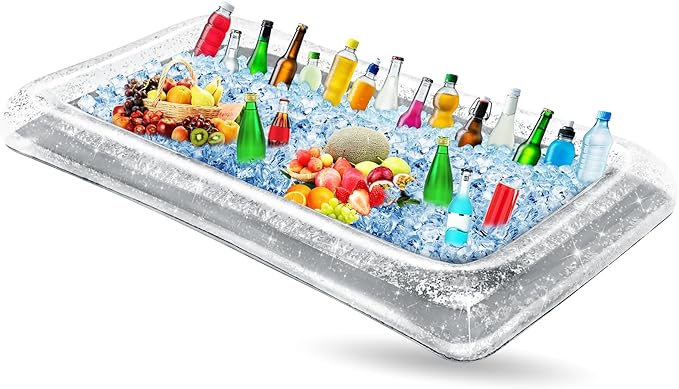Leitee Inflatable Serving Bar with Drain Plug 52 x 24 x 5'' Inflatable Ice Serving Buffet Bar for Party Food Cooler Buffet Drink(Silver,Sequin Style)