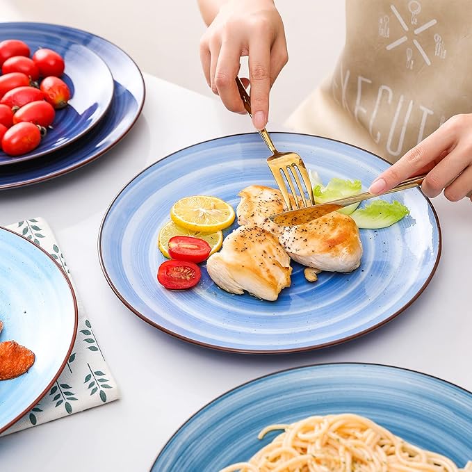 KitchenTour Large Ceramic Dinner Plates, 10 Inch Porcelain Serving Plate for Salad, Dessert Pizza Steak Pasta Plates Set, Dishwasher and Microwave Safe - Set of 6, Assorted Cool Colors