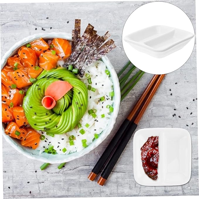 2 Pcs Pure White Ceramic Snack Serving Tray Divided Sauce Dishes with Compartments for Spice Dish Condiments and Dips Versatile Appetizer Plates