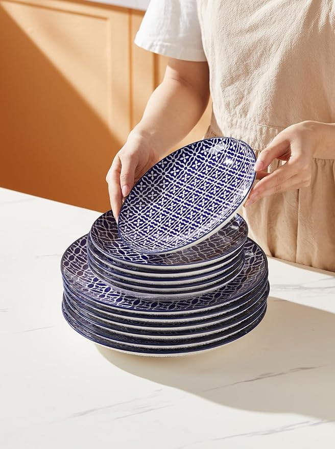 Salad Plates, Blue and White Dessert Plates, 8 Inch Colorful Ceramic Dish Set for Pasta, Set of 6, Dishwasher & Microwave Safe