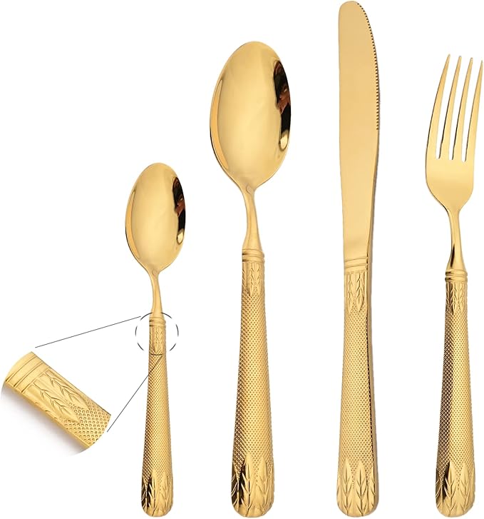 JASHII 304 Stainless Steel Hammered Silverware Set with Wheat Spike Pattern, Modern Eating Tableware Flatware Set, Service for 6. Flat Handle, Dishwasher Safe - Shiny Gold