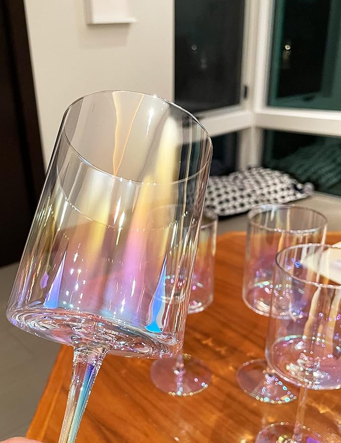 Iridescent Wine Glasses Set of 4-16oz Cylindrical All Purpose Wine Glass, Crystal Wine Glass Set in Gift Packaging, Great Gift for Wedding, Anniversary, Christmas, 9’’ Tall, Long Stem