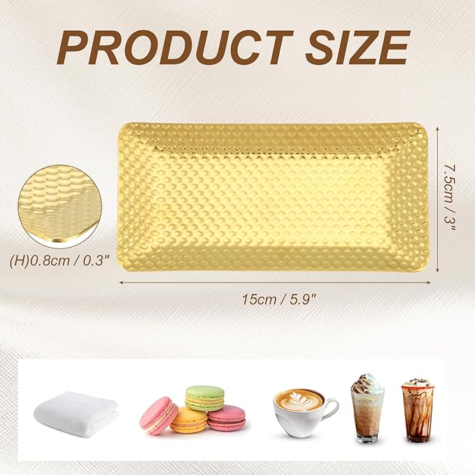 uxcell Decorative Tray, 5.9x3 Stainless Steel Rectangular Glossy Serving Tray with Hammer Pattern for Dessert Napkin Towel Candle Jewelry Bathroom Platter, Stackable, Gold