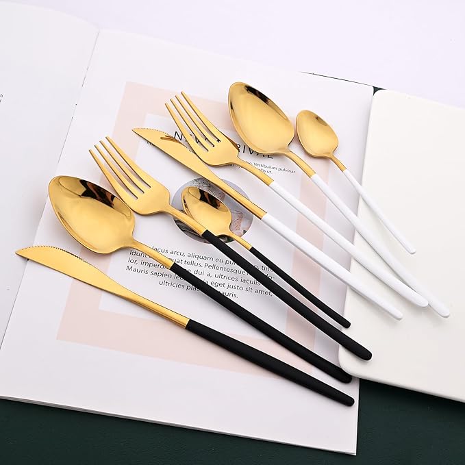 36pcs Silverware Set, 18/10 Stainless Steel Serving Flatware With Curved Handle For 6, Durable Eating Utensils For Home Entertaining, Mirror Polished (White Gold)
