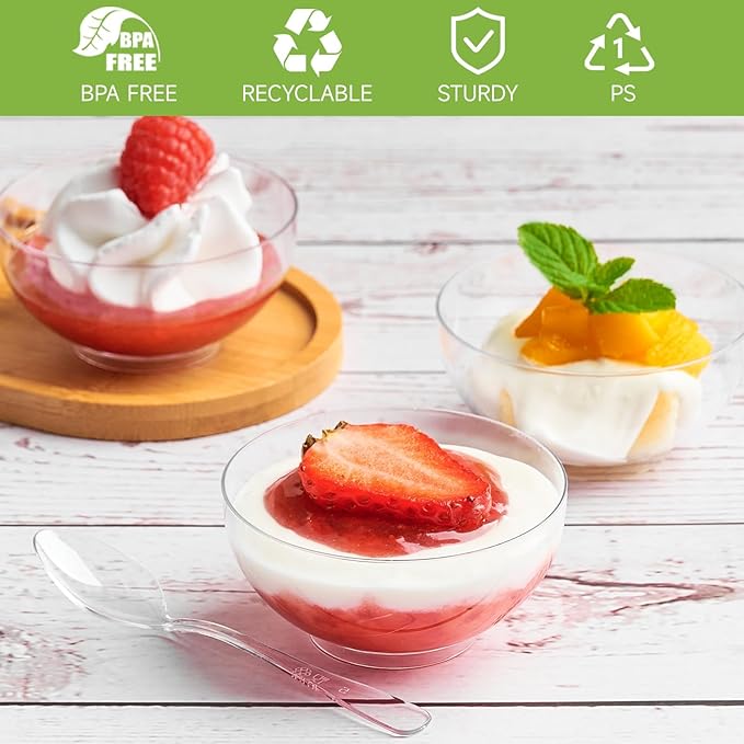 Qeirudu 100 Pack 3 oz Mini Dessert Cups with Spoons, Clear Small Round Party Serving Bowls for Yogurt Parfait Fruit Mousses Appetizer Ice Creams