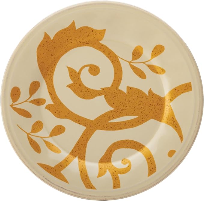 Rachael Ray Dinnerware Gold Scroll 4-Piece Round Appetizer Plate Set, Almond Cream