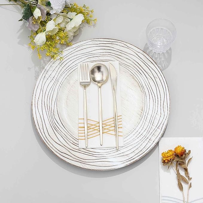 Efavormart 6 Pack | 13" White Washed Rose Embossed Faux Wood Plastic Charger Trays, Round Disposable Serving Plates