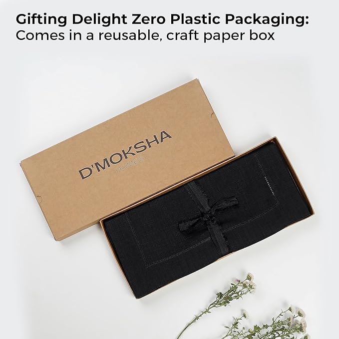 D'Moksha Homes Linen Black Table Runner 90 Inches Long - Classic Hemstitch 100% Pure Linen Dining Table Runner 14 x 90 Inch for Winter, Christmas, Holiday, New Year