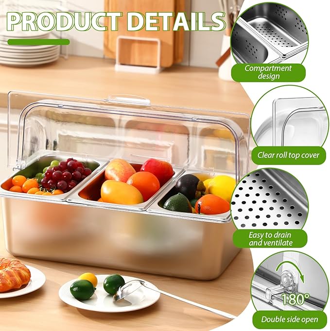 Perforated Countertop Food Serving Display Container and Clear Roll Top Cover 3 Pan Stainless Steel Food Serving Tray Buffet Condiment Dispenser Display Rack for Restaurant Hotel Kitchen Party