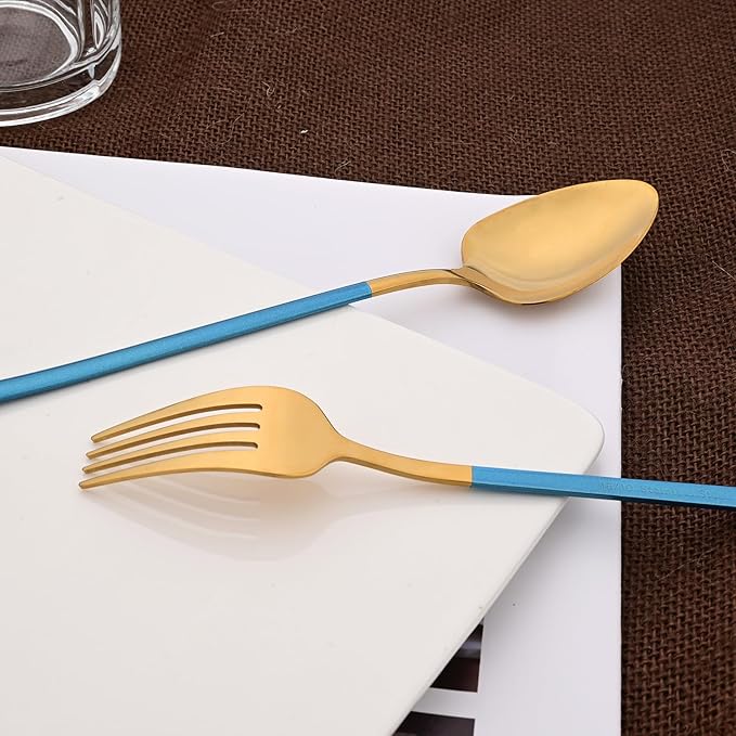 36pcs Silverware Set, 18/10 Stainless Steel Serving Flatware With Curved Handle For 6, Durable Eating Utensils For Home Entertaining, Mirror Polished (Blue Gold)