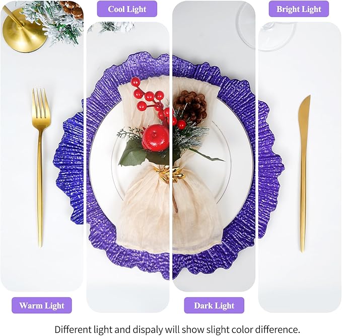 50 Pack Purple Charger Plates Bulk, 13" Plastic Reef Chargers for Dinner Plates, Round Charger Plate with Floral Reef Design for Dinner Wedding Party Table Setting Decoration