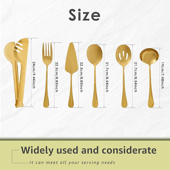 10Pcs Serving Utensils Set Stainless Steel Metal Serving Utensils Metal Serveware Serving Set with Serving Spoons Forks Tongs Slotted Spoon Ladle Pie Server for Buffet Parties (Gold)