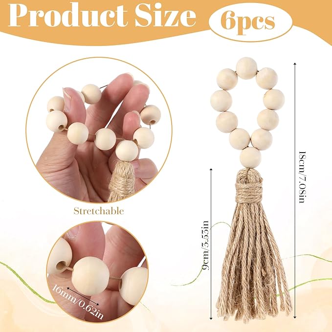 6PCS Napkin Rings, Wooden Bead Napkin Holders for Cloth Napkins, Stretchable Boho Napkins Rings Rustic Twine Rattan Design with Tassel for Farmhouse Thanksgiving Fall Spring Decor