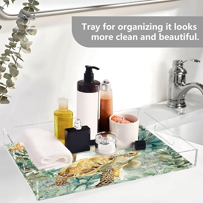 Serving Tray with Handles Clear Acrylic Tray 12x16 Inch Decorative Rectangular Tray Organizer for Ottoman Coffee Table Bathroom Sea Turtle Starfish Plants