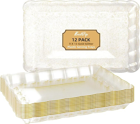 BESTVIP Clear Gold Glitter Serving Trays - 12 Pack 9x13 Rectangle Flower - Cookie Platters for Weddings, Events, Daily Glam, Dessert Displays & Crafting