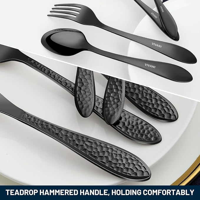 VIVANI 40-Piece Black Silverware Set for 8, Stainless Steel Black Flatware Set, Hammered Utensils Cutlery Set for Home, Wedding, Housewarming Party Event, Dishwasher Safe