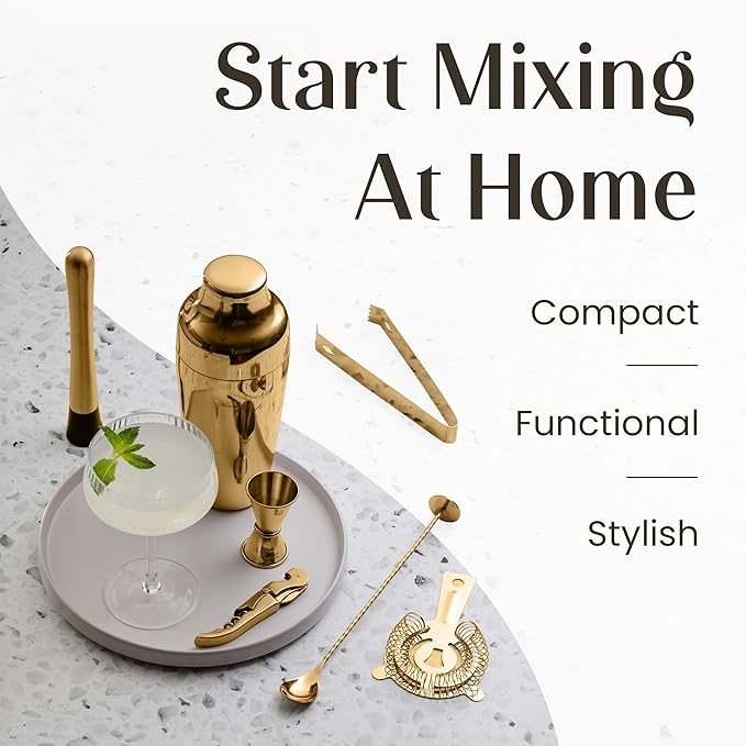 Mixology & Craft Bartender Kit: 10-Piece Cocktail Shaker Set with Dark Bamboo Stand | Complete Cocktail Kit Gift Set | Top Bartender Gifts for Men & Women | Leak-Proof Design (Gold)