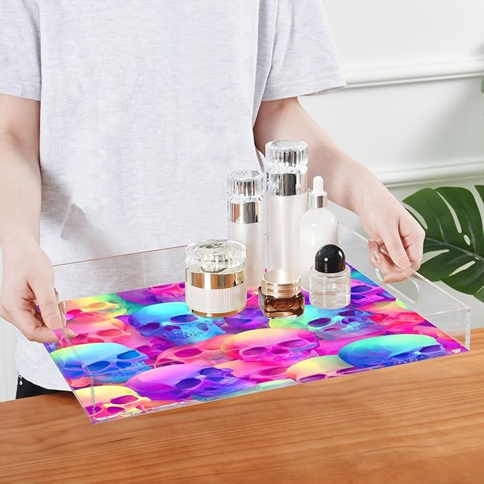 Serving Tray with Handles Clear Acrylic Tray 12x16 Inch Decorative Rectangular Tray Organizer for Ottoman Coffee Table Bathroom Gradient Multicolored Skulls