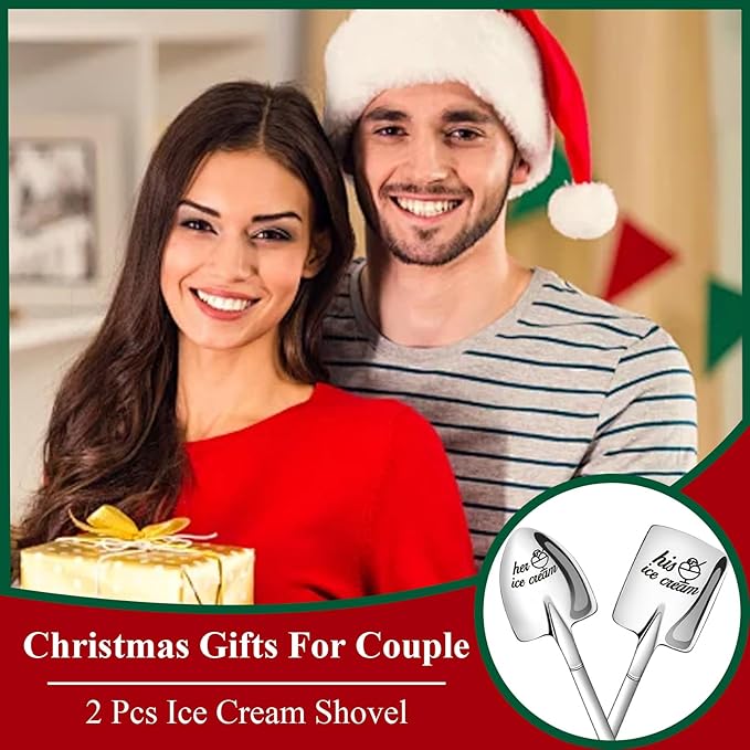 2 Pcs Engraved Ice Cream Shovel Gifts for Couples - His and Hers Stainless Steel Ice Cream Spoons Gifts for Him and Her - Christmas Engagement Anniversary Birthday Gifts for Couple Wife Girlfriend