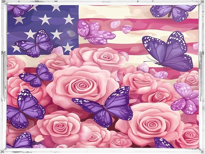 Serving Tray with Handles Clear Acrylic Tray 12x16 Inch Decorative Rectangular Tray Organizer for Ottoman Coffee Table Bathroom July 4th Pink Roses and Purple Butterflies