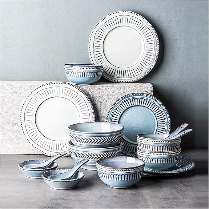 Resistant Dinner Set, Ceramics Dinner Sets, 16 Pieces Relief Craft Porcelain Dinnerware Set | Retro Blue and White Cereal Bowl Steak Plate