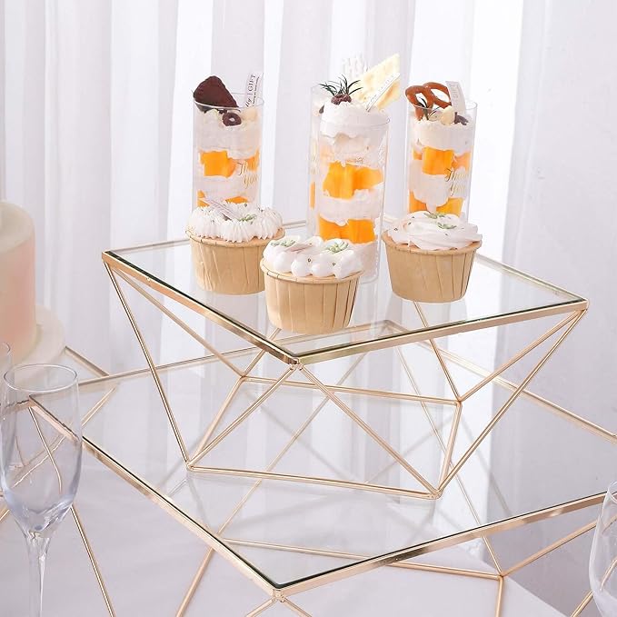 Efavormart Set of 3 Metal Geometric Cake Stand Gold Cake Riser with Glass Top Glossy Metallic Finish for Dessert Cupcake Pastry Candy Display Plate Event, Birthday Party