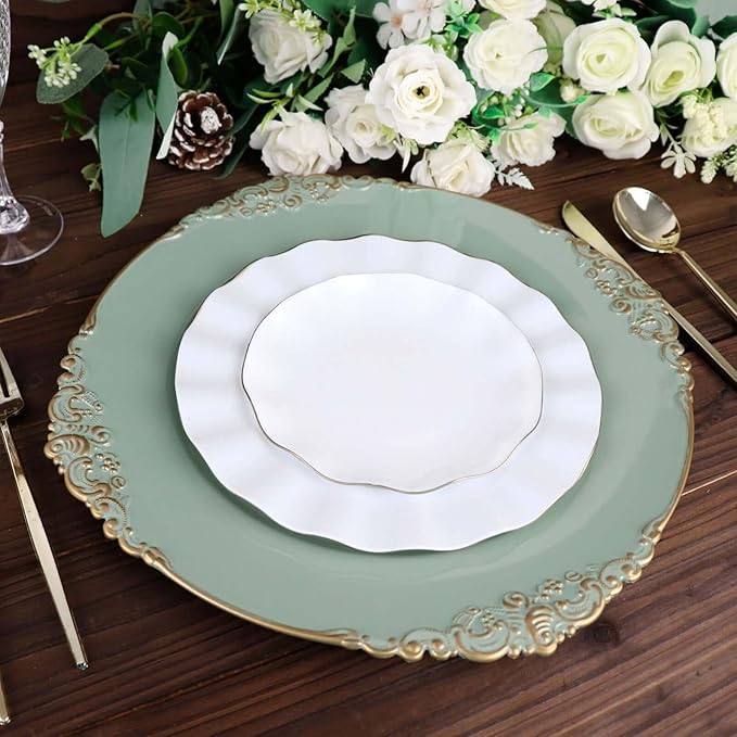 13" Charger Plates -Set of 24 - Acrylic Dusty Sage Green Round Baroque Disposable Chargers Leaf Embossed Rim, Ideal for Dinner Party Wedding Bulk Events
