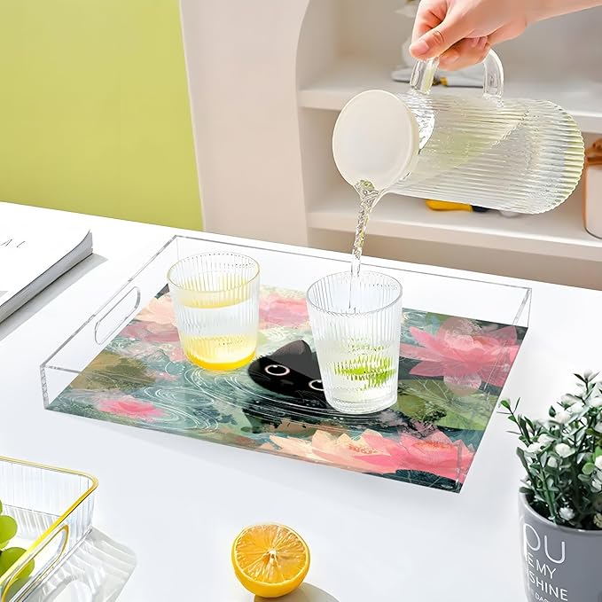 Serving Tray with Handles Clear Acrylic Tray 12x16 Inch Decorative Rectangular Tray Organizer for Ottoman Coffee Table Bathroom Cat Lotus Flowers Blue