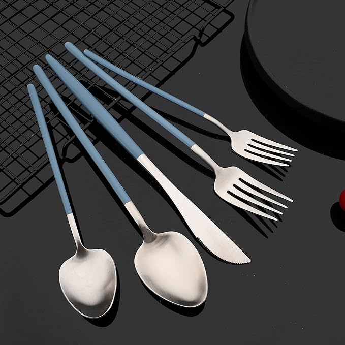 JASHII Matte Blue and Silver Silverware Set, 304 Stainless Steel Flatware Set Service for 4, Tableware Cutlery Set for Home Restaurant Party, Dinner Forks/Spoons/Knives, Slim Handle, Dishwasher Safe