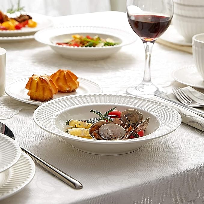 Dining Plate Set Ceramics Dinner Sets 56 Pieces Relief Stripe Cereal Bowl and Steak Plate Set | Pure White Porcelain Dinnerware Set for Family Gathering,A