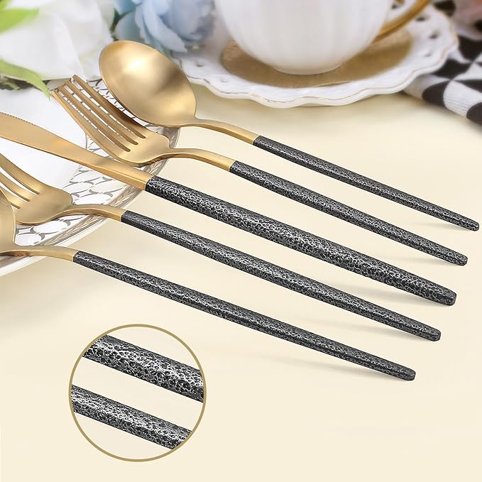 20-Piece Silverware Set for 4, Gold Flatware With Black Handle, Durable 18/8 Stainless Steel Kitchen Eating Tableware, Includes Fork Knife Spoon, Dishwasher Safe