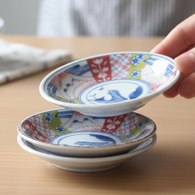 Dinosaur Soy Sauce Dish Set of 4, 3.5 inch Japanese Porcelain Mini Plates for Dipping, Sushi & Condiments, Mino Ware, Crafted in Japan, Gift Boxed, Microwave & Dishwasher Safe