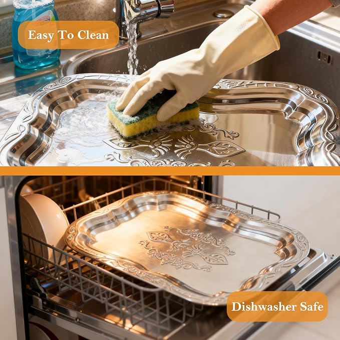 Stainless Steel Mirror Tray - Silver Engraved Decorative Serving Tray with Floral Pattern, Ideal for Party Desserts, Snacks, Drinks, and Holiday Table Display